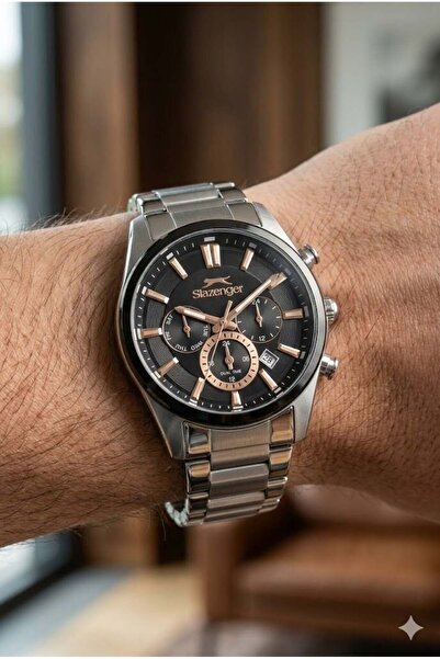 Slazenger Rose Gold Detailed Men's Wristwatch |   42mm, Black Dial, Stainless...