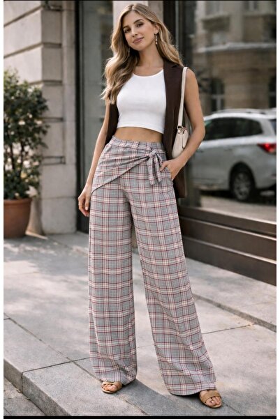 eyonnwear Γυναικείο ψηλόμεσο καρό παντελόνι με λεπτομέρεια δεσίματος και φαρδ...