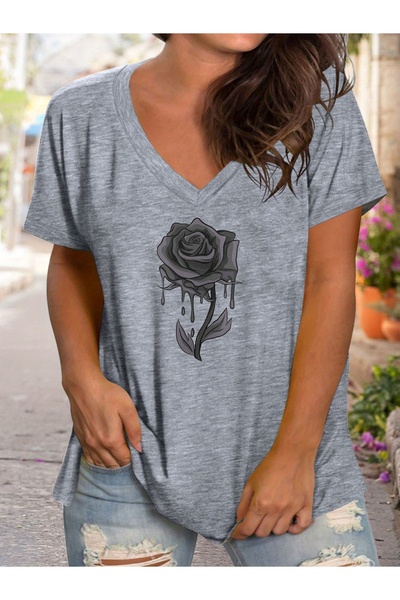 mercoledi Women's Gül Printed V-Neck Sleeved Regular Fit T-Shirt