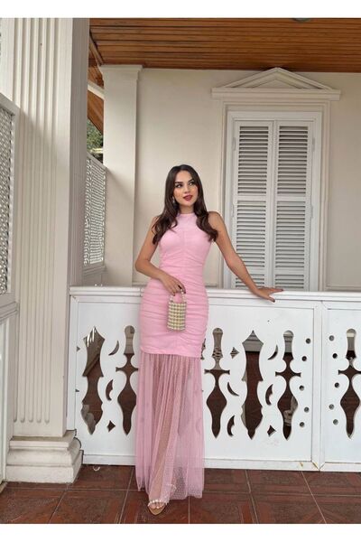 maf collection Women's Pink Tulle Detail Crew Neck Mini Evening Dress