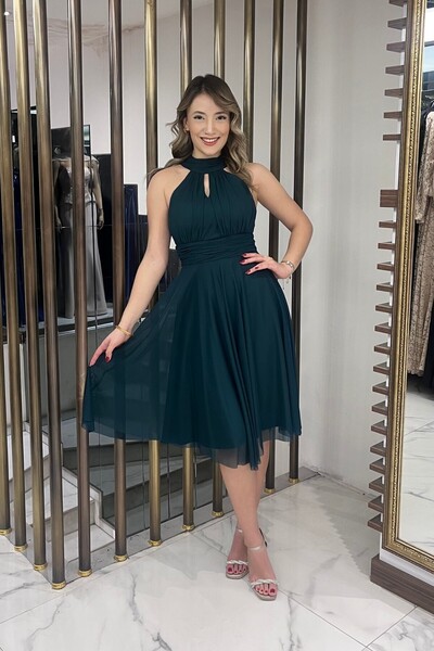 By Saygı Women's Halter Neck Tie-Detail Lined Chiffon Tulle Short Dress