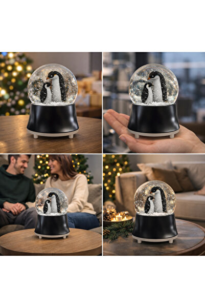 Erzi Penguen Figürlü Kar Küresi – Dekoratif Işıklı Kar Küresi, Romantik ve Şı...