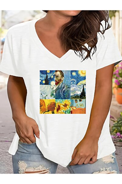 mercoledi Women's Starry Night Printed V-Neck Sleeved Regular Fit T-Shirt