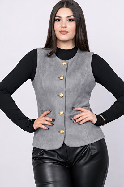 Marjinal Kadın Süet Ucu Kavisli Süs Cepli Yelek