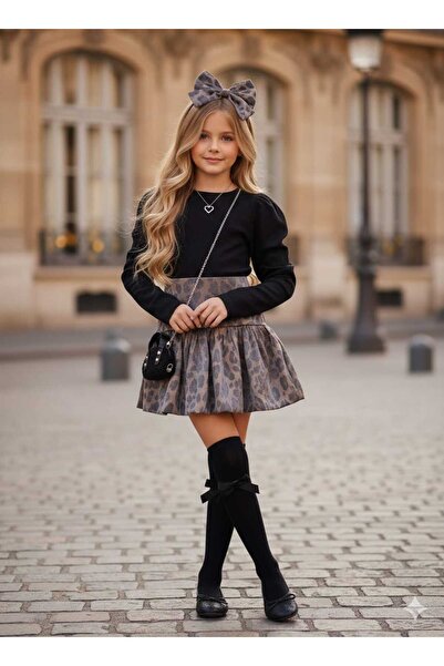 ARBİ kids Bluză neagră pentru fetiță, fustă leopard, șosete, cataramă și set ...
