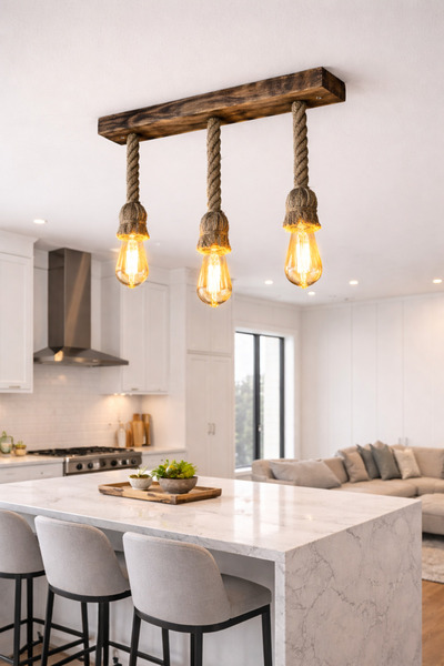 Auro home 🌿 Tavana Sıfır 3’lü Halatlı Ahşap Avize – Modern Rustik Aydınlatma