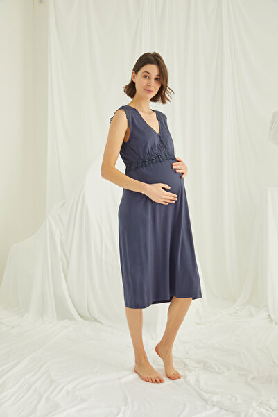 MONAMİSE Women'S, Navy Blue, Lace Pieces, Buttoned Front Maternity Nightgown