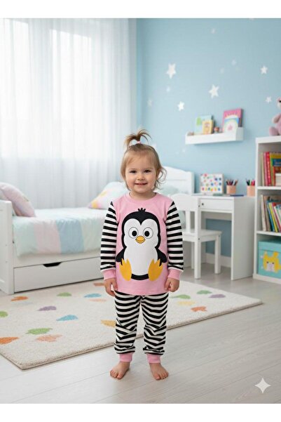 Yağmur Giyim Supermini Penguin Patterned Cotton Piece Girls' Pajama Set 1-3 Y...