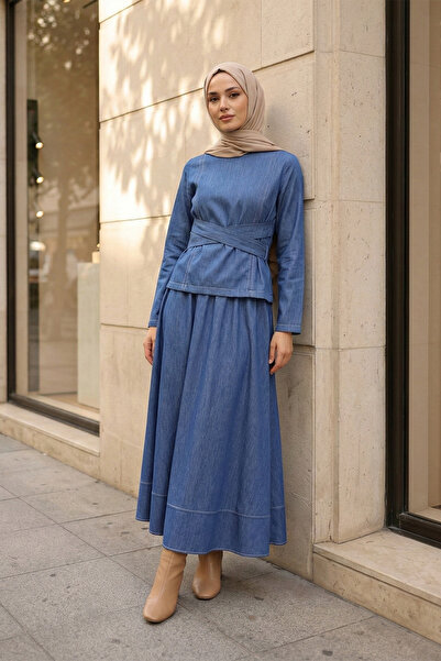 MODAQU Beli Cross-Lace Skirt Tencel Skirt Set Indigo