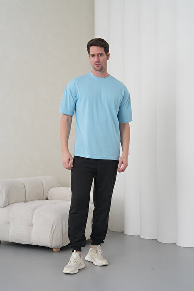 caddekombin Men's Blue-Black Cotton Pack Crew Neck T-Shirt Pocketed Jogger Pa...