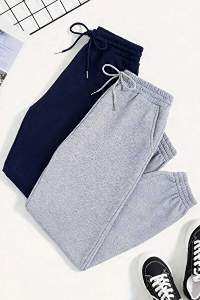 Le Vion Women's Jogger Pants Oversized Navy Blue & Gray Trousers Style Sweatp...
