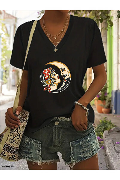 mercoledi Women's Mix Printed V-Neck Sleeved Regular Fit T-Shirt