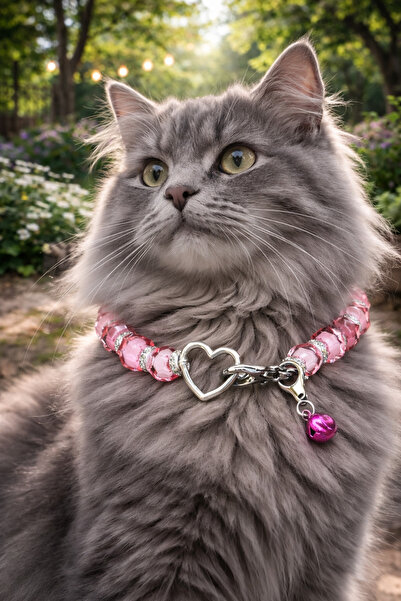 LOOL PREMİUM Kedi kolyesi pembe taşlı kedi tasma kolye