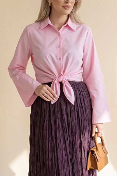 COjans Tie-Waist Spanish Sleeve Poplin Shirt Blouse -Pink