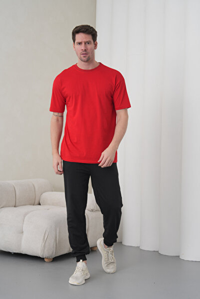 caddekombin Men's Red-Black Cotton Pack Crew Neck T-Shirt Pocketed Jogger Pan...