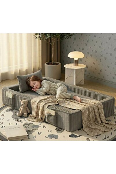 Puftic Fitilli Kadife Yan Korumalı Çocuk Uyku Yatağı Fermuarlı Yıkanabilir Kumaş