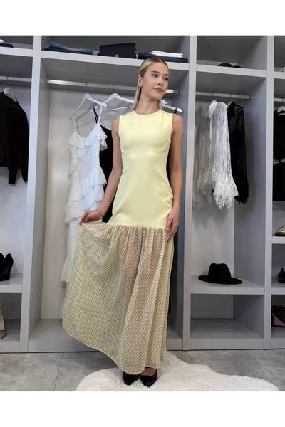 FLOWERİNG Women's Yellow Polka Dot Piece Maxi Dress