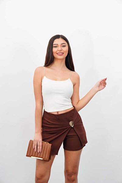 DI LORIA Women's Brown High Waist Double-Breasted Gold Buckle Detail Mini Ski...