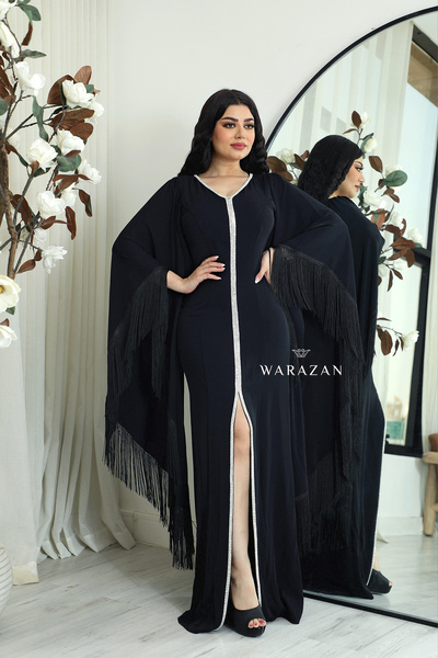 Warazan A soft evening dress with sleeves and fringe