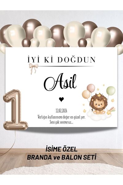 Hobi Sepeti İsimli Aslan Konseptli Konseptli Balonlu Doğum Günü Duvar Brandas...