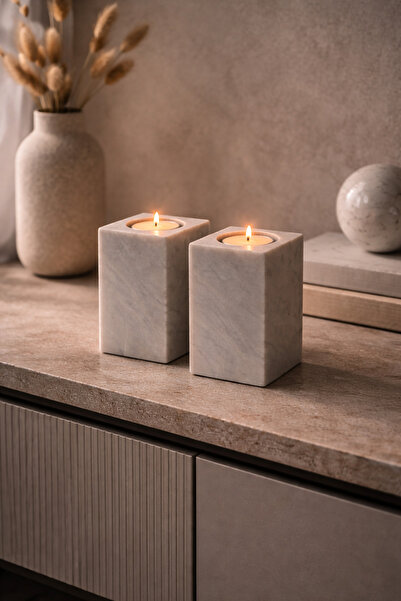 Marbello Doğal Mermer Mumluk 2’li Set 10x6 cm – El Yapımı Kare Tealight Mumluk