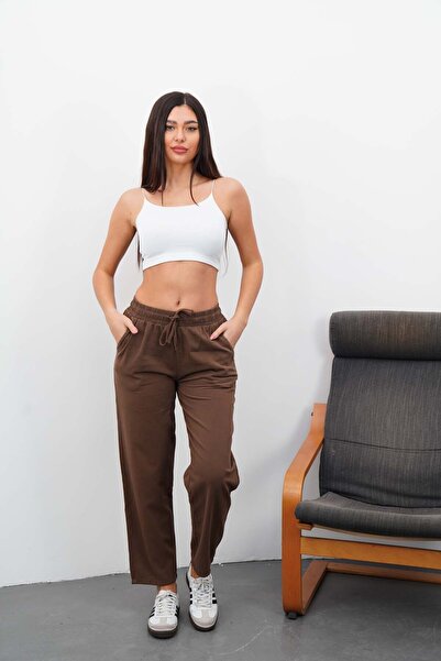 DI LORIA Pantaloni casual de damă, maro, 100% bumbac, cu talie înaltă, elasti...