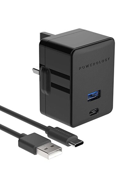 Powerology Wall Charger, 36W PD, Dual Port, USB-C to USB-C 1.2m Cable