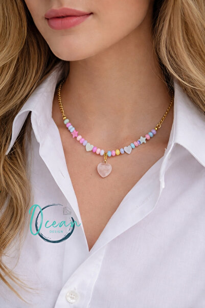 OceanDesign Gerçek Sedef Taşı Yıldız Kolye - 45 cm Paslanmaz Çelik Zincir -Ku...