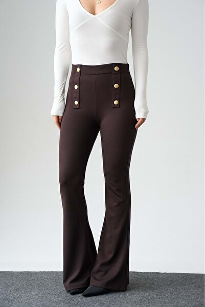 ibeeka Waist Gold Button Detailed Interlock Flared Trousers - Brown - m