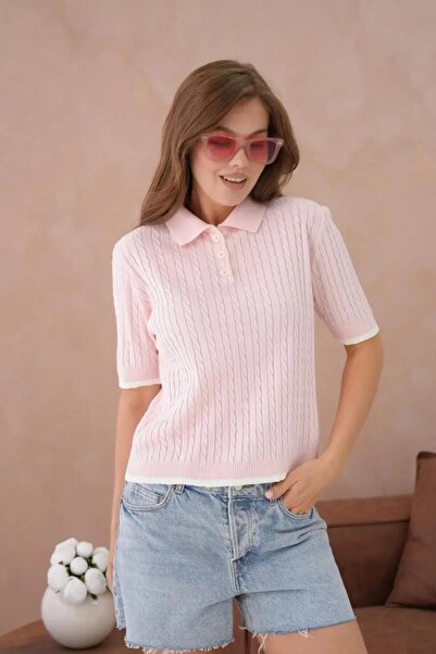 Park Karon Women's Polo Collar Button Detail Hair Knit Knitwear Sweater 12184