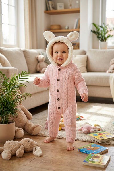 Lui Baby Polarlı Welsoft Kapüşonlu Örgü Desenli Bebek Tulum Kulaklı