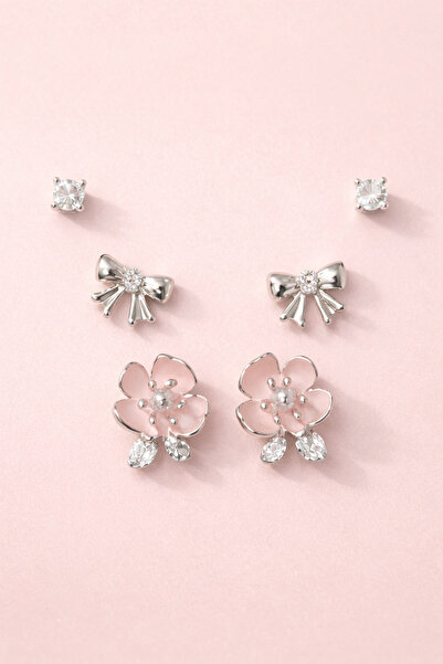 POEM JEWELLERY 925 Ayar Gümüş Rodyum Kaplama Zirkon Taşlı 3 Çift Stud Küpe Se...