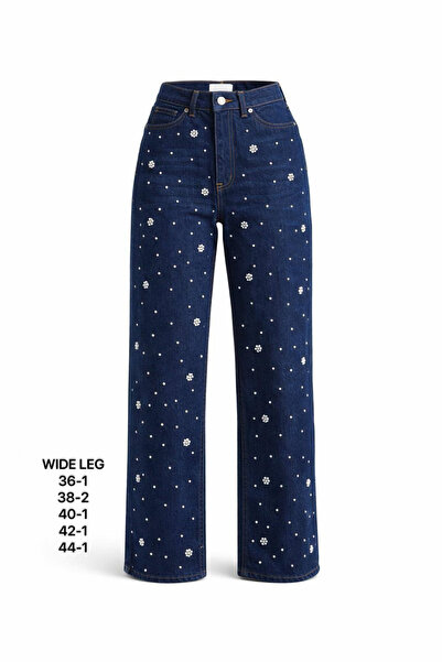 Miss Poem Women's Navy Blue Stoned High Waist Wide Leg Jean Trousers