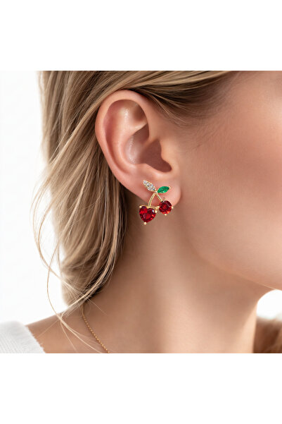 XUPING JEWELRY Zirkon Taşlı Kiraz Figürlü Küpe – Altın Renk, Kırmızı Taşlı Şı...