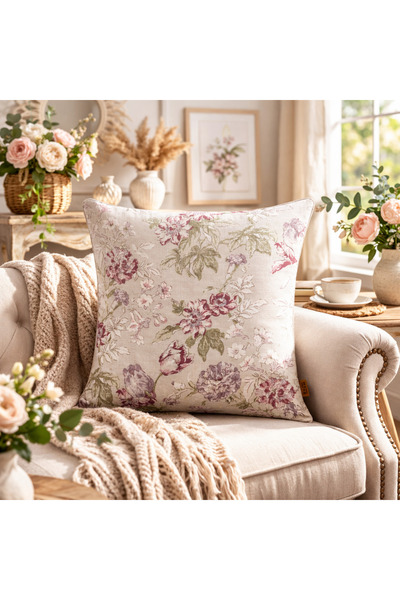 Buemshop Rosaline Keten Kırlent 45x45 cm Ekru Çiçek Desenli Biyeli Dekoratif ...