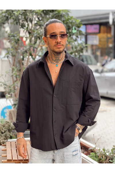 manch collection 100% Cotton Oversized Single Pocketed Shirt Black