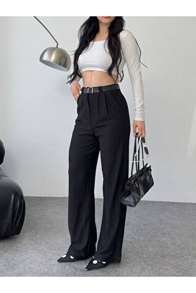 BLUSS Women's High Waist Belt in Palazzo Pants - B-1168 Wide Leg Woven Pants