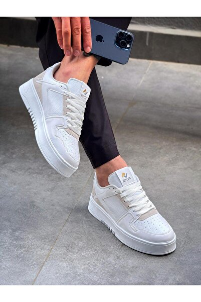 gizlitopuk Hidden Heels 7 cm Height Increasing White Beige Detailed Men's Spo...