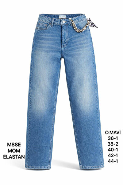 Miss Poem Дамски син шал Детайлни дънки с висока талия и кройка Mom Fit