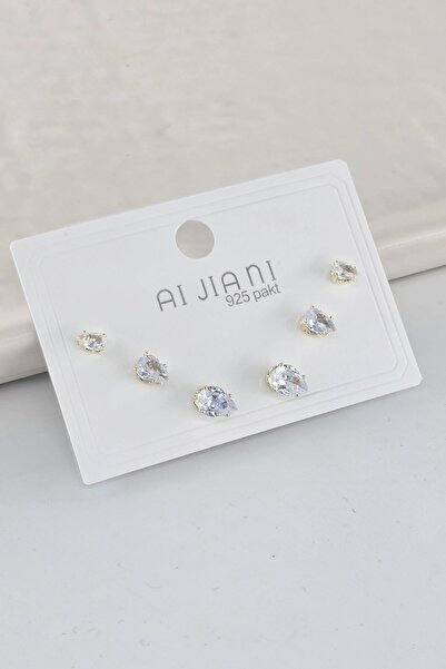 By Zeyna Aksesuar Steel Baguette Drop Zircon Stone Yellow Color 6-Piece 3 Siz...