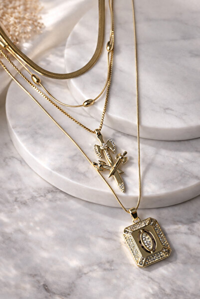 Lume Çoklu Zincirli Kadın Kolye Seti Gold Renk Taşlı Modern Şık Kolye Kombini