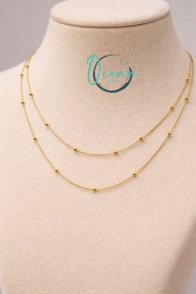 OceanDesign 2-Piece Women's Necklace with Balls 45 cm |   Stainless Steel Double Chain Necklace, Gold Color Stylish Design