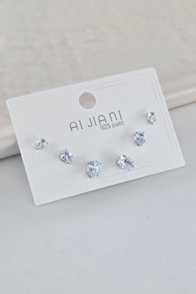 By Zeyna Aksesuar Steel Baguette Drop Zircon Stone Silver Color 6-Piece 3 Siz...