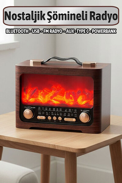 FeyzaDesign Şömineli Nostaljik Radyo Bluetooth Hoparlör USB Type C Aux Şarjlı...