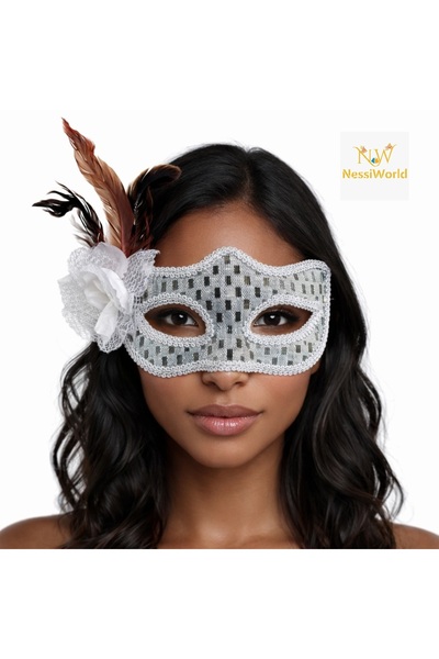 NW NessiWorld Silver color feathered prom mask women party accessory