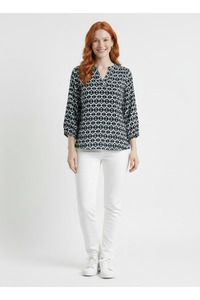 Neden Tekstil Turquoise Black Geometric Patterned Hakim Collar Blouse