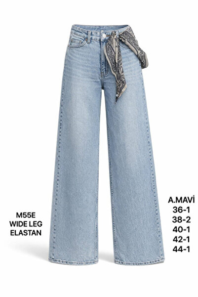 Miss Poem Women's Light Blue High Waist Wide Leg Jean Pants with Scarf