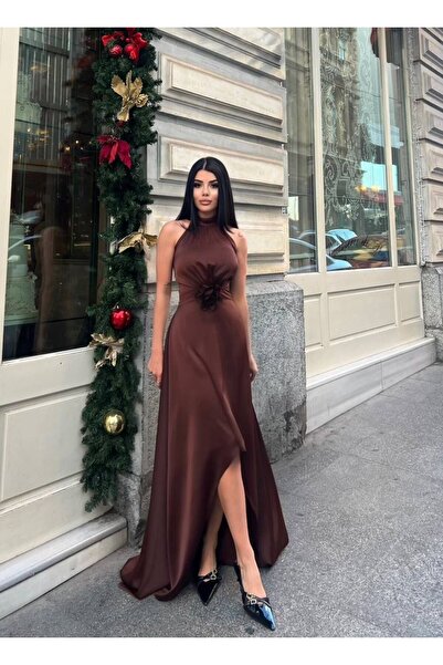 maf collection Kadın Saten Kahverengi Halter Yaka Belden Çiçek Detaylı Uzun A...