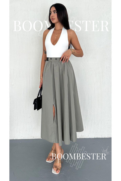 BoomBester High Waist Lace-Up Poplin Maxi Skirt – Premium Drapey Long Skirt