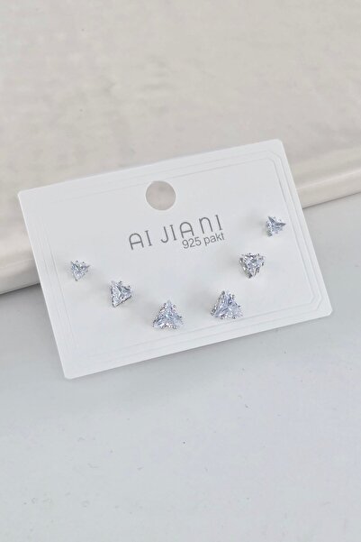 By Zeyna Aksesuar Steel Baguette Triangle Zircon Stone Silver Color 6-Piece 3...